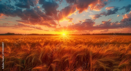 As the sun sets behind the vast field of wheat, the afterglow illuminates the clouds above and the golden grass below, creating a picturesque scene of nature and agriculture in the prairie landscape photo
