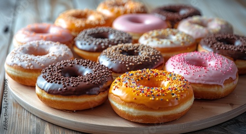 A delectable spread of sweet treats, featuring a variety of glazed and sprinkled donuts on a rustic wooden platter, beckons with its mouthwatering aroma of freshly baked pastries and the promise of i