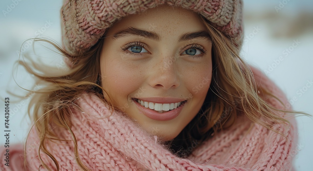 A stylish woman braves the winter chill, donning a smile and a cozy knit hat and scarf as she poses for a portrait amidst the outdoor scenery A stylish woman braves the winter chill, donning a smile and a cozy knit hat and scarf as she poses for a portrait amidst the outdoor scenery