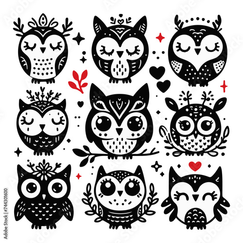 Cute black owl vector illustrations (ID: 744301600)
