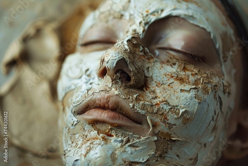 a woman with a clay face mask on