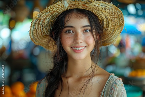 A sun-kissed woman radiates joy as she adorns her head with a stylish straw hat, completing her outdoor ensemble with a touch of playful charm