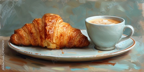 Indulge in a cozy breakfast at home with a flaky croissant and steaming cup of coffee served on elegant dishware