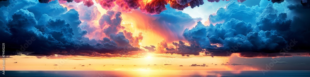 Fiery Sunset Clouds Over Calm Ocean Panorama Fiery Sunset Clouds Over Calm Ocean Panorama