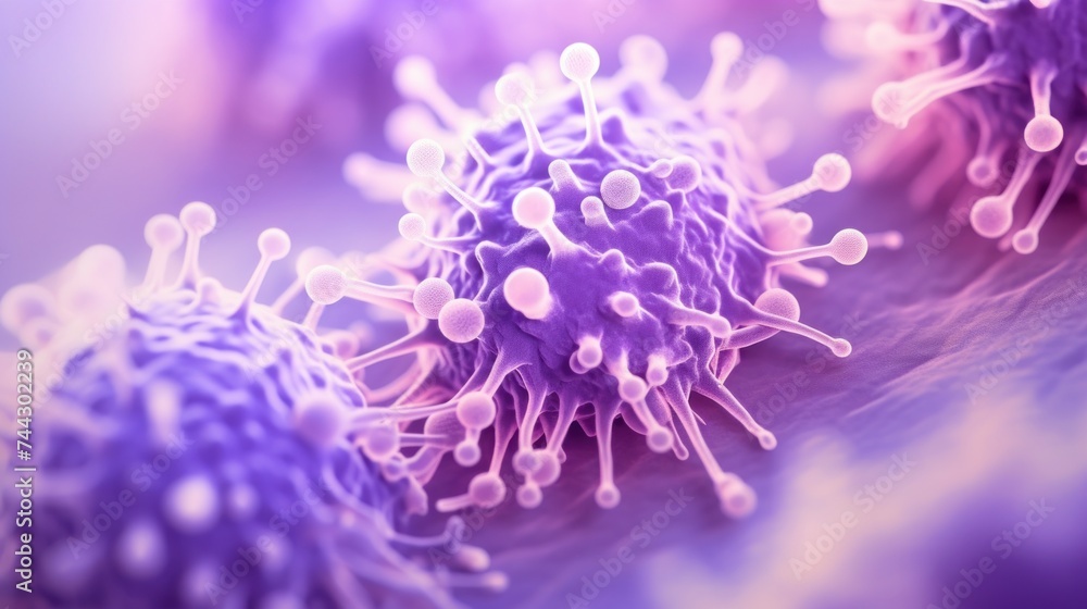 Purple virus cell, macro view. Bacteria in microscope - obrazy, fototapety, plakaty 