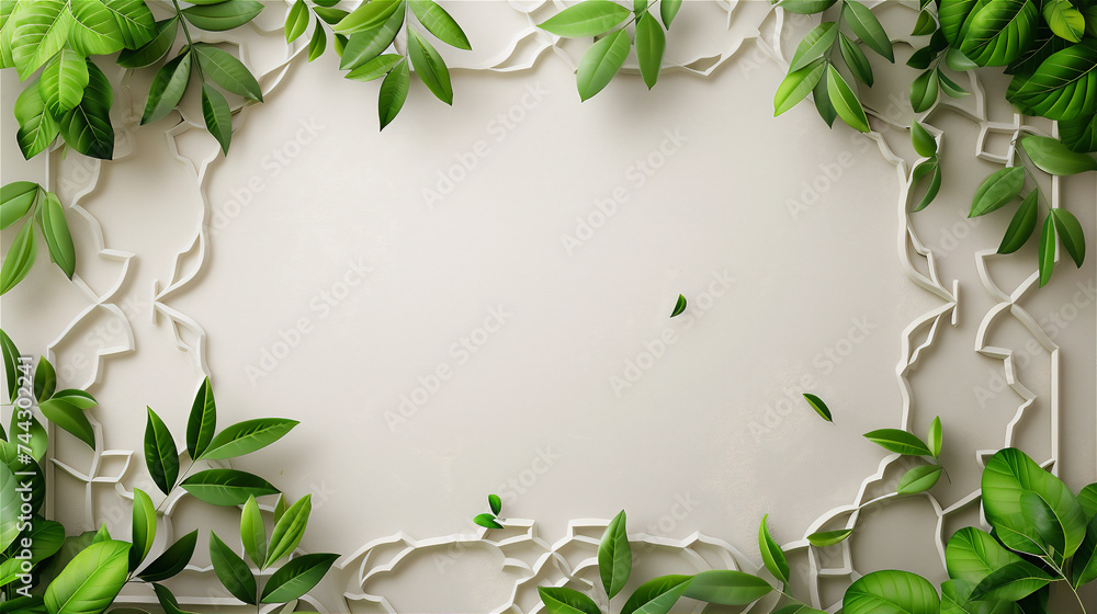 islamic greeting in spring frame of leaves and flowers