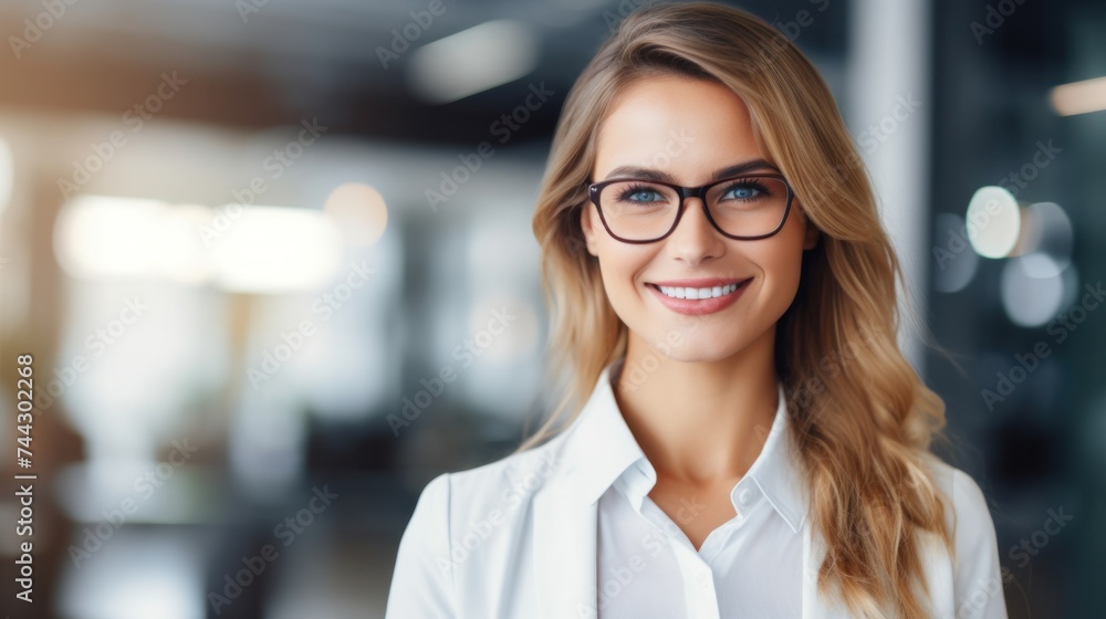Face portrait of a smiling businesswoman. Female blond doctor look at camera Face portrait of a smiling businesswoman. Female blond doctor look at camera