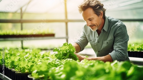 Man in a greenhouse with lettuce salad