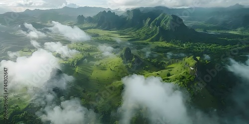 Foggy mountain landscape. Fog and cloud mountain tropic valley landscape. Aerial view © Ziyan Yang