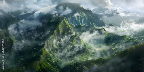 Foggy mountain landscape. Fog and cloud mountain tropic valley landscape. Aerial view © Ziyan Yang