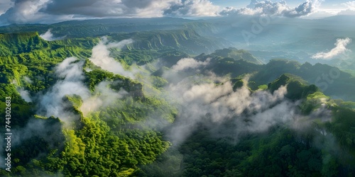Foggy mountain landscape. Fog and cloud mountain tropic valley landscape. Aerial view