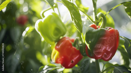Vibrant red and green bell peppers hanging from the branches of a sy plant flourishing in the warm and humid greenhouse atmosphere.