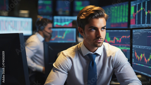 Portrait of Young Handsome Stock Exchange Broker Working on a Computer, Researching Real-Time Stocks Data, Analyzing Commodities and Exchange Market Charts. Professional Investment Agent in Office