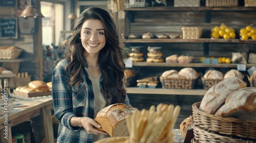 Girl bakes bread in a bakery
