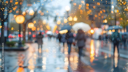 Lots of people walking around the city. Blurred image, wide panoramic view of the road with people on a rainy day. 