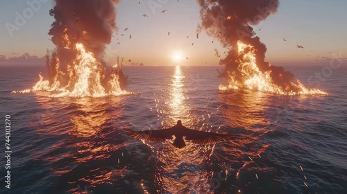 Oceanic Fire Explosions at Sunset with Whale Fin