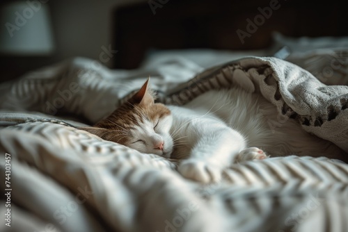 an orange and white cat sleeping on a bed