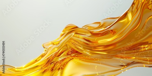 Golden honey elegantly cascading down onto a reflective white surface, creating a fluid art form.