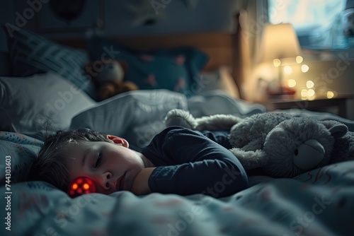 a young boy laying in bed with a stuffed animal