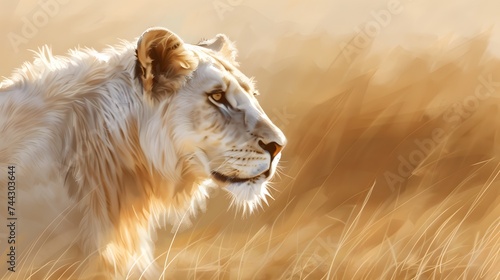 Gorgeous white lion in the savannah. Portrait of white lioness. animal wildlife background. digital art 