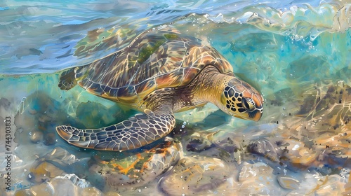 Green Sea Turtle Cruising in the warm waters of the Pacific Ocean © Ziyan
