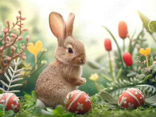 A playful domestic rabbit stands tall amidst a vibrant garden, its soft fur blending with the colorful plants as it embodies the joy and beauty of easter