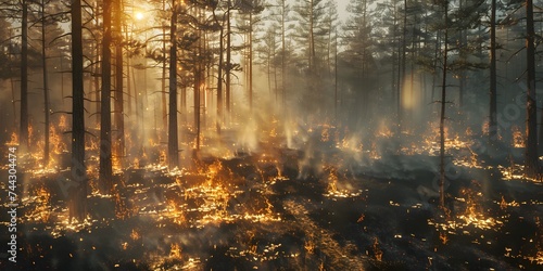 Forest fire, many acres of pine trees burn down during the dry season. Wildfire burns in the forest.The concept of global cataclysms on earth.