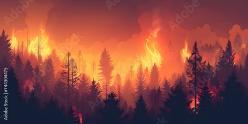 Forest fire  many acres of pine trees burn down during the dry season. Wildfire burns in the forest.The concept of global cataclysms on earth.
