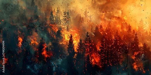 Forest fire, many acres of pine trees burn down during the dry season. Wildfire burns in the forest.The concept of global cataclysms on earth. photo