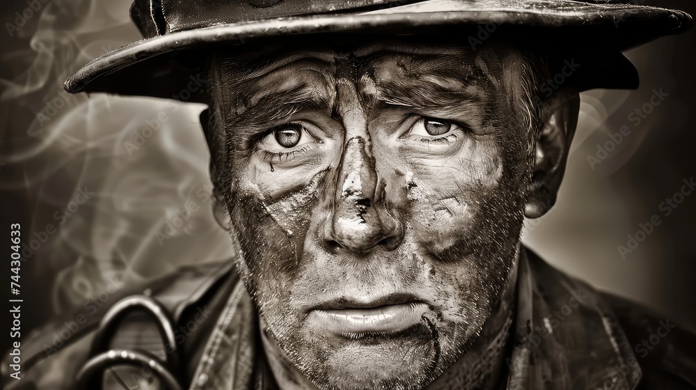 Firefighter after a fire with soot and smoke Firefighter after a fire with soot and smoke