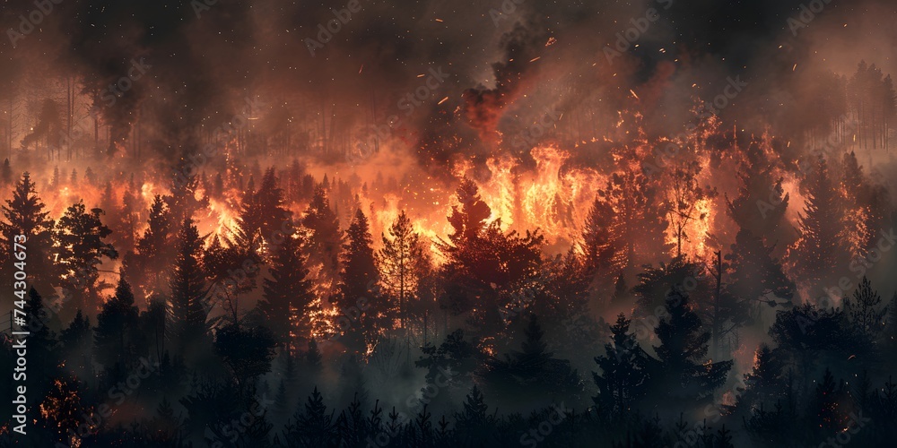 Forest fire, many acres of pine trees burn down during the dry season. Wildfire burns in the forest.The concept of global cataclysms on earth.