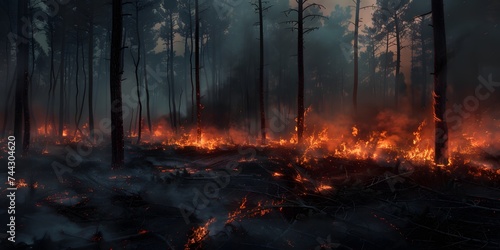 Forest fire, many acres of pine trees burn down during the dry season. Wildfire burns in the forest.The concept of global cataclysms on earth.