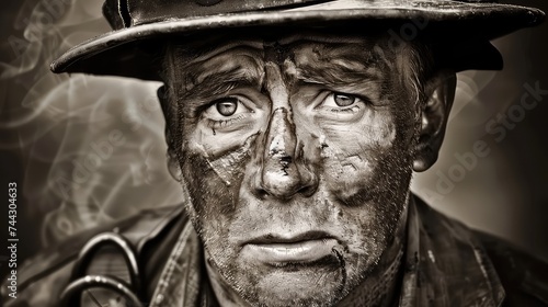 Firefighter after a fire with soot and smoke