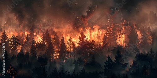 Forest fire, many acres of pine trees burn down during the dry season. Wildfire burns in the forest.The concept of global cataclysms on earth. photo