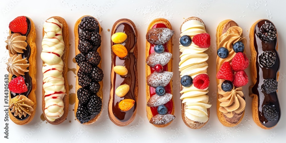 Gourmet eclairs with intricate toppings lined up showcasing culinary artistry