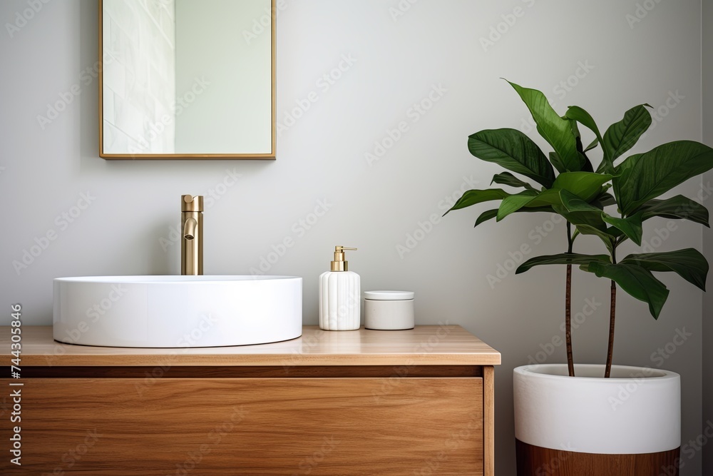 Fototapeta premium Scandinavian Green Plant Bathroom: Mid-Century Wood Vanity & Modern Lighting Decor