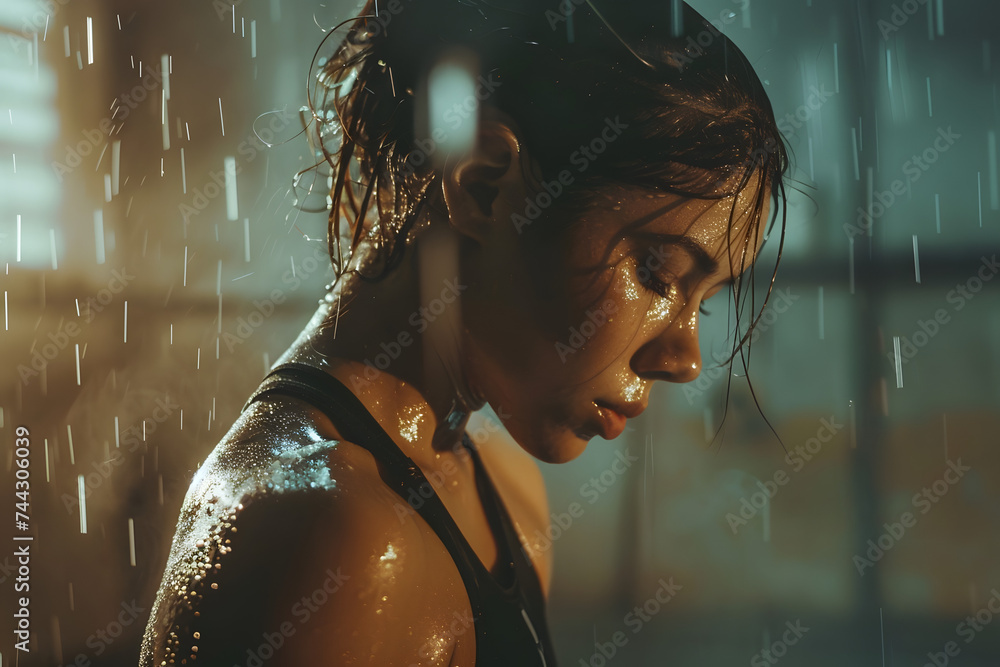 Fitness, workout and female athlete sweating in the gym after sports ...