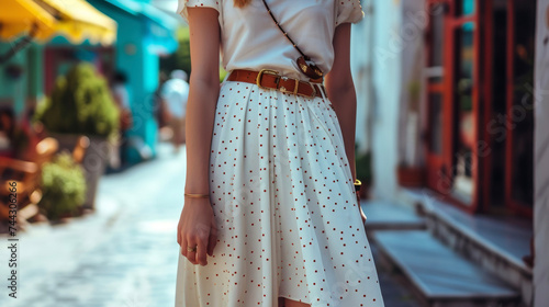 A white midi skirt with a playful polkadot pattern and a statement belt is perfect for a day of shopping and sightseeing in a charming small town.