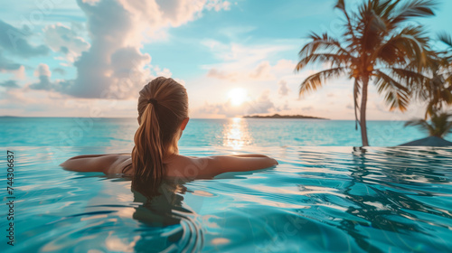 A person enjoys a serene sunset while relaxing in a tranquil swimming pool surrounded by tropical scenery. Ai generative illustration