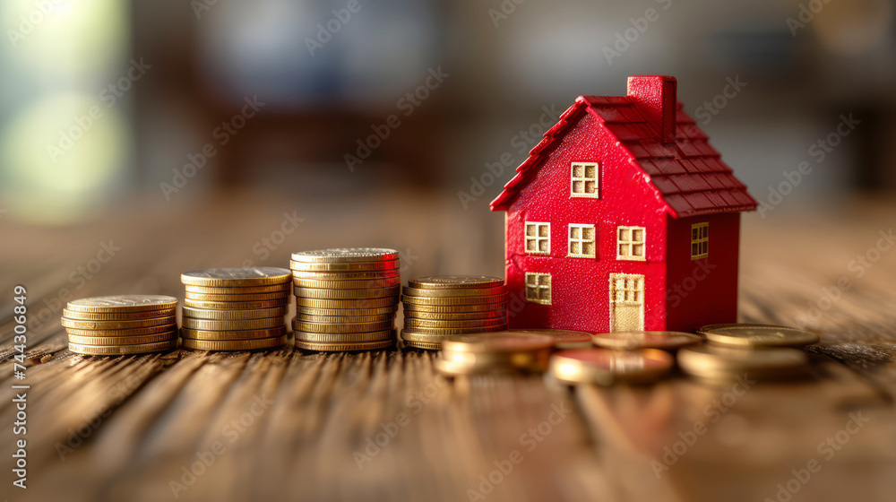 A cartoon concept of a house with stacked coins on a wooden surface, outdoor with a blurred background. Ai generative illustration A cartoon concept of a house with stacked coins on a wooden surface, outdoor with a blurred background. Ai generative illustration