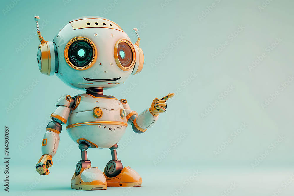 Cartoon robot with antenna pointing to the side on a turquoise background. Futuristic technology and artificial intelligence concept for design and print Cartoon robot with antenna pointing to the side on a turquoise background. Futuristic technology and artificial intelligence concept for design and print