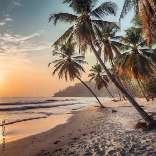 sunset on the beach  palm tree on the beach  A serene tropical beach scene with palm trees reaching for the sky  summer