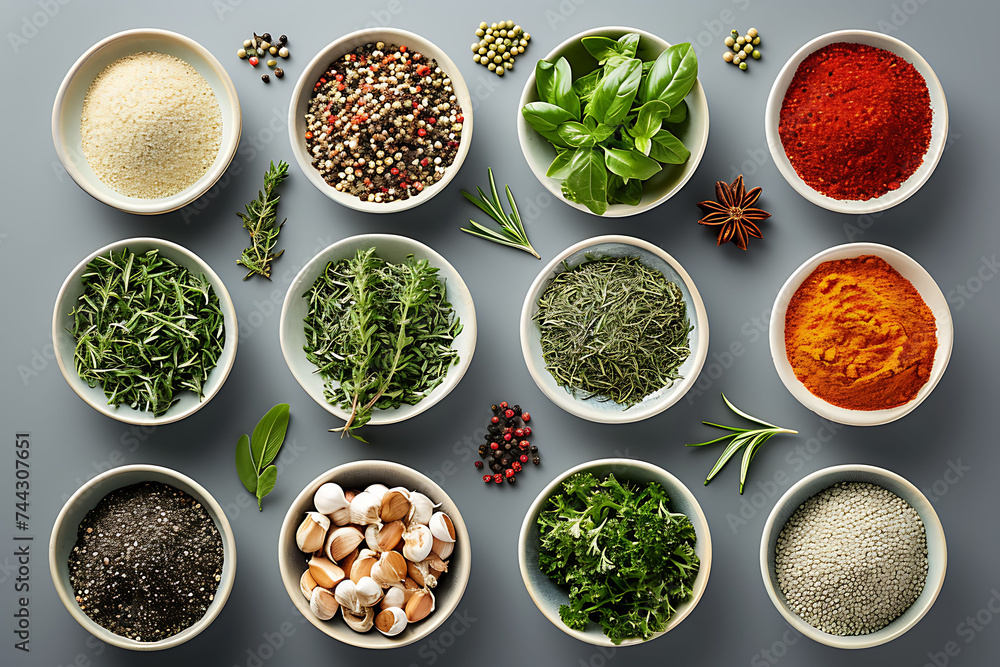 Variety of spices and herbs in bowls on a neutral background. Gastronomy and culinary arts concept. Top view arrangement with copy space for design and print