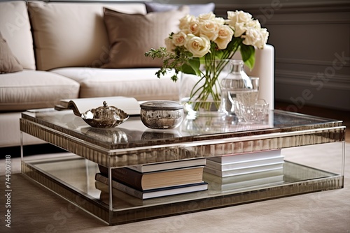Glass Coffee Table Decor Ideas: Beige Wall Room with Stylish Book Stack