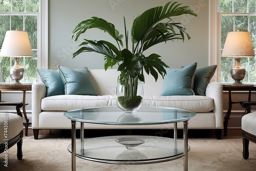 Green Plant Elegance: Glass Coffee Table Decor Ideas for a Stunning Room Setting © Michael