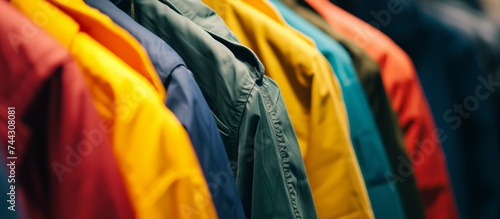 Vibrant Collection of Colorful Jackets Hanging on a Rack for Fashion Display