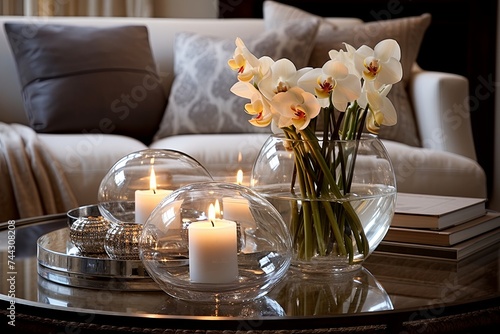 Glass Coffee Table Decor Ideas: Serene Villa with Candle Centerpiece Elegance