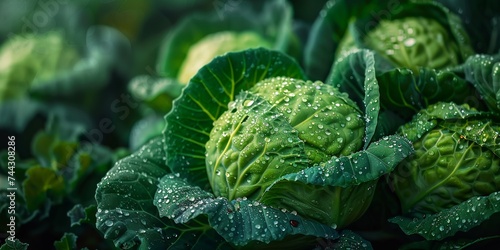 Vibrant green cabbages with morning dew showcasing fresh farm produce