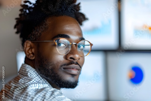 Businessman Looking at Monitors in Afro-Caribbean Influenced Workspace