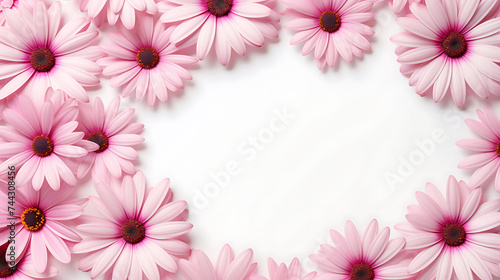 Pink daisies with dark centers arranged in a heart shape on a white background. Flat lay composition with copy space. Love and floral design concept for greeting card, wedding, or Mother's Day